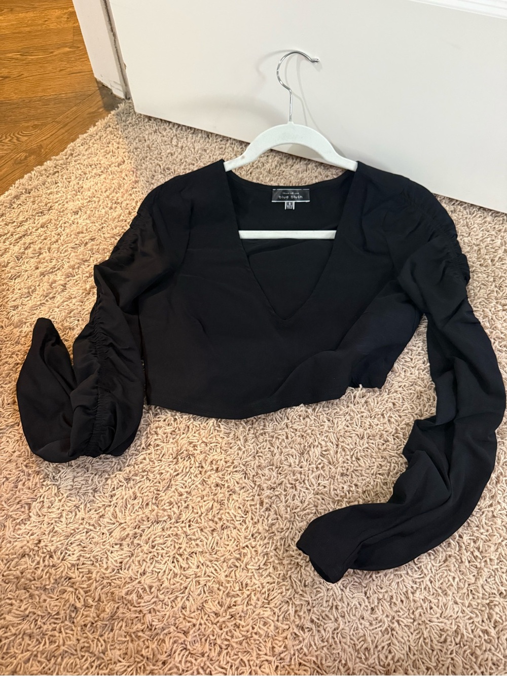 Blue Blush Black V-Neck Ruched Long Sleeve Crop Top